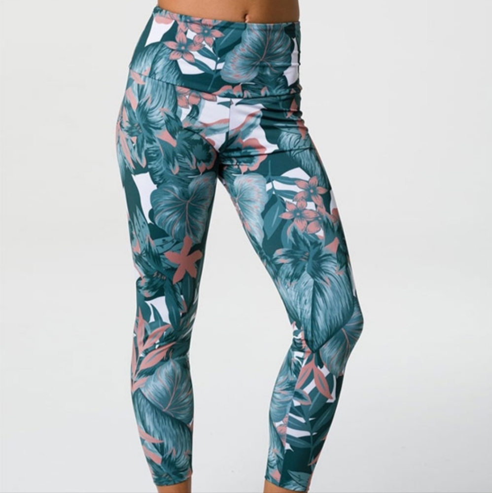 Onzie Tropical Print Leggings High Rise Midi Yoga  colors green orange w… - Picture 3 of 12